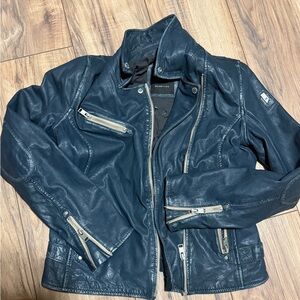Woman’s Mauritius Sofia lamb Leather Jacket in denim blue. Size 8 or M.